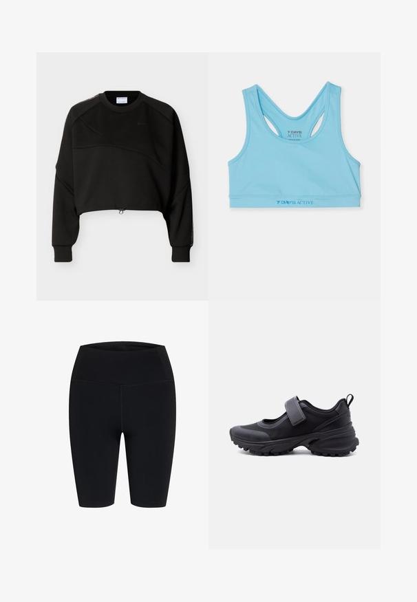 Schwarzes kurz geschnittenes Sweatshirt mit langen Ärmeln, Rundhalsausschnitt, dezenten diagonalen Nahtdetails und verstellbarem Kordelzug am Saum.; Hellblaues sportliches Crop-Top aus glattem Material, mit Racerback-Design und einem dunkler blauen Logo in der Taille.; Hoch taillierte, schwarze, knielange Stretch-Shorts mit flachen Nähten, designed für Sportbekleidung oder den Freizeitgebrauch.; Schwarzer Sportschuh mit robust profilierter Sohle, verstellbarem Riemen über dem Spann und Zuglasche an der Ferse, seitlich auf weißem Hintergrund abgebildet.
