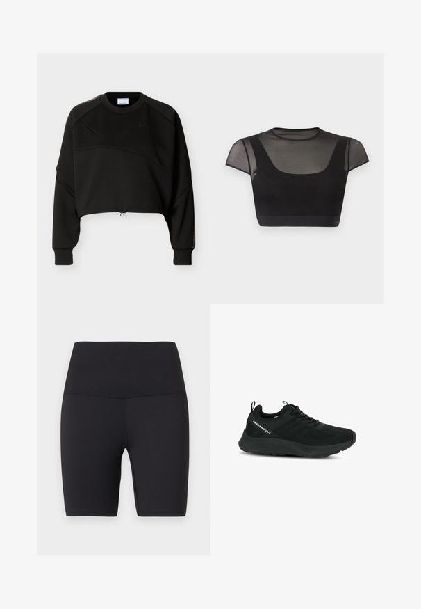 Zwart cropped sweatshirt met lange mouwen, ronde hals, subtiele diagonale naaddetails en verstelbaar trekkoord aan de zoom.; Zwart cropped topje met doorschijnende korte mouwen en bovenkant van de borst, met een ronde halslijn en een aangesloten, effen zwart lijfje.; Zwarte fietsbroek met hoge taille, vlakke naden en een lengte tot halverwege de dij, ontworpen voor atletisch of casual gebruik.; Zwarte sportschoen met een textuur bovenwerk, meshpanelen en een gewatteerde zool. Voorzien van veters en een trekkraag aan de hiel voor gemakkelijk aan- en uittrekken.