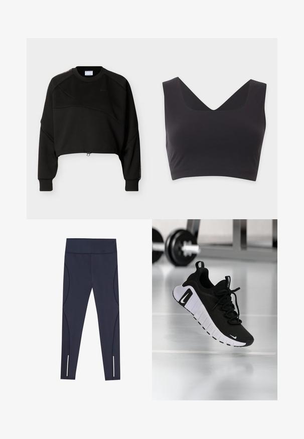 Sweat-shirt noir court avec manches longues, col rond, détails discrets avec coutures diagonales, et cordon de serrage ajustable à l'ourlet.; Crop top noir sans manches avec de larges bretelles et un profond décolleté en V sur un fond clair uni.; Leggings bleu marine en tissu extensible, dotés d'une taille haute et de coutures latérales arrondies, avec des accents réfléchissants au niveau des ourlets des chevilles.; Chaussure de sport noire avec une tige en tissu texturé, une semelle blanche et un système de laçage prononcé. Présente un logo Nike et un design doux et rembourré.