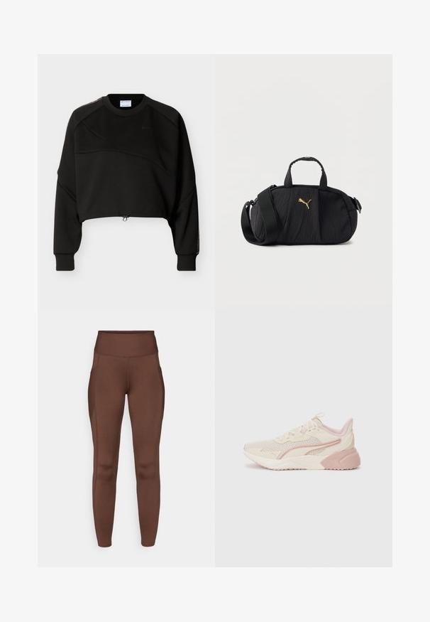 Sweat-shirt noir court avec manches longues, col rond, détails discrets avec coutures diagonales, et cordon de serrage ajustable à l'ourlet.; Leggings marron extensibles avec une taille haute, dotés de poches latérales et d'une texture lisse. Les coutures soulignent la forme.; Baskets légères avec un design beige et rose pâle, tige en maille, semelle rembourrée et accents de logo discrets sur le côté.; Sac bandoulière texturé noir avec poignées supérieures, large sangle réglable et petit logo Puma doré centré à l'avant.