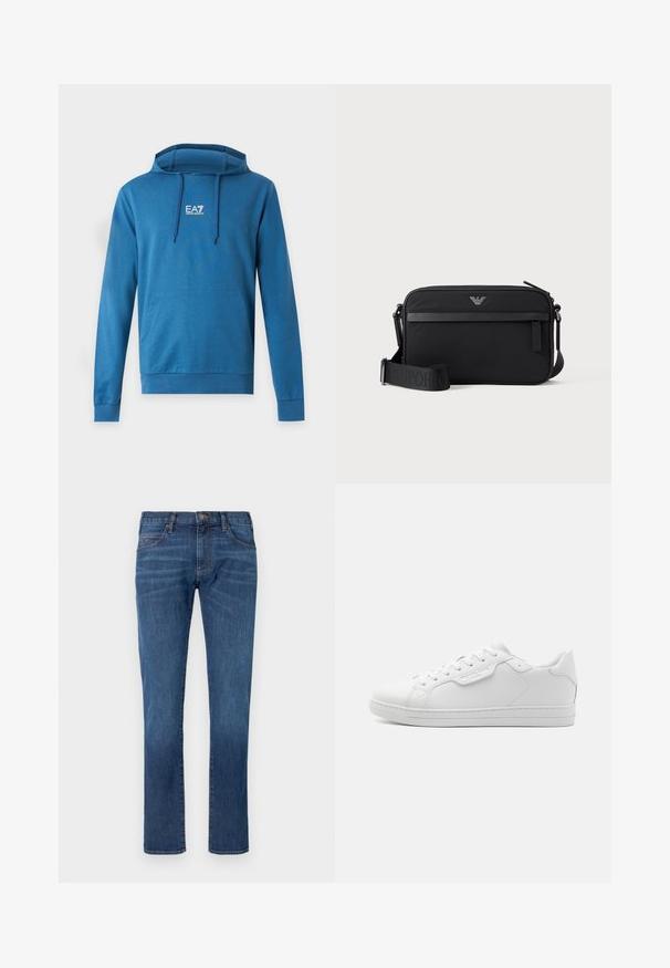 Sweat à capuche bleu avec poche avant et logo EA7 Emporio Armani centré sur la poitrine, avec des cordons sur la capuche.; Jean en denim bleu coupe droite, doté d'un design classique à cinq poches et d'une fermeture à boutons. Décoloration subtile sur la texture du tissu.; Baskets en cuir blanc avec un bout arrondi, six œillets, lacets plats et un design minimaliste. Présente un petit logo sur le côté.; Sac bandoulière rectangulaire noir avec poche avant zippée, sangle réglable et petit logo métallique en haut au centre.