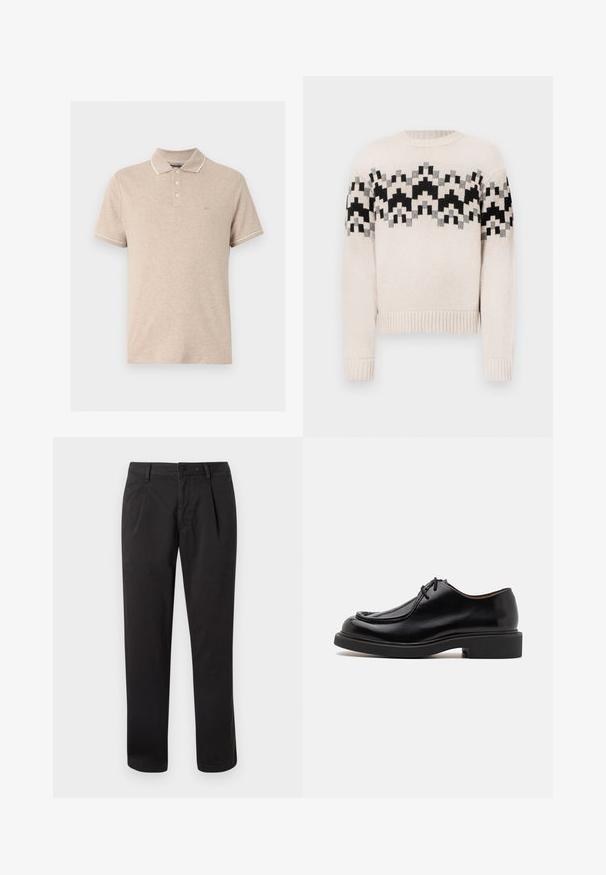 Pull en tricot beige avec un motif géométrique noir, gris et beige sur la poitrine et les manches, doté de poignets et d'un ourlet côtelés.; Polo beige manches courtes avec trois boutons, bordure blanche sur le col et les bords des manches, et petit logo "MK" sur la poitrine gauche.; Pantalon en coton noir avec une coupe à taille plate, jambes droites, et fermeture par bouton. Comprend des poches latérales et des détails de couture visibles.; Chaussure en cuir noir avec un bout arrondi, des détails cousus, des lacets minimalistes et une semelle en caoutchouc épaisse pour une meilleure traction et durabilité.