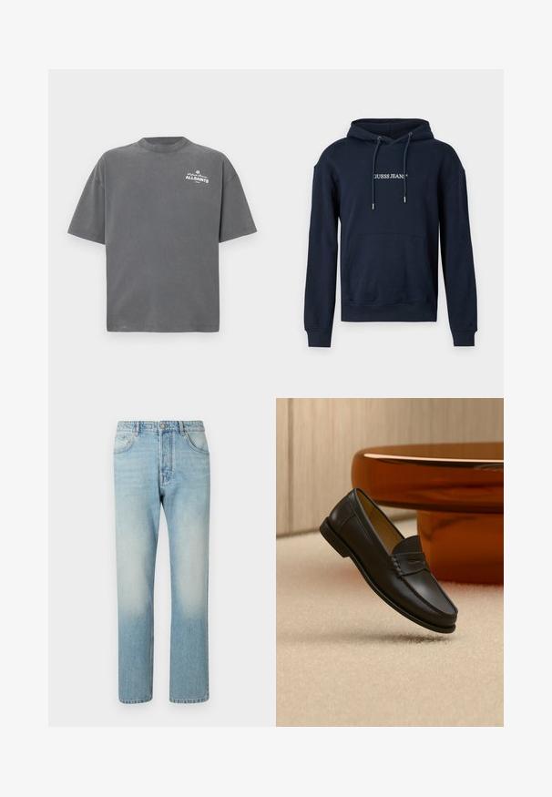 Sudadera azul marino de mezcla de algodón, con un bolsillo tipo canguro, capucha con cordón y el logo "GUESS JEANS" en blanco en el pecho.; Camiseta de manga corta de color gris oscuro con cuello redondo y pequeño logo blanco "ALLSAINTS" en la parte superior izquierda del pecho.; Jeans de color azul claro hechos de denim, con un diseño de pierna recta, estructura de cinco bolsillos y efecto de lavado desgastado en los muslos.; Zapato mocasín de cuero negro suspendido sobre una alfombra beige con muebles modernos de color ámbar en el fondo.
