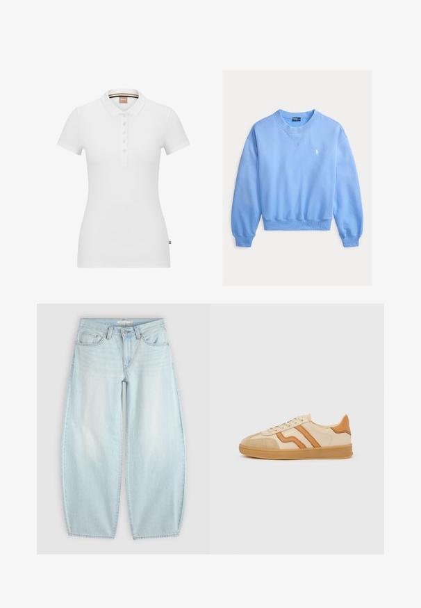 Hellblaues Sweatshirt mit Rundhalsausschnitt aus weichem Material, mit gerippten Bündchen und Saum, versehen mit einem kleinen weißen Logo auf der linken Brust.; Weißes Poloshirt aus Baumwolle, mit kurzen Ärmeln, einem Kragen und einer Knopfleiste. Dezentes Markenlogo auf der Brust gestickt.; Hellblaue Jeans mit weitem Bein, Knopf- und Reißverschluss, Vordertaschen und Gürtelschlaufen auf einfarbigem Hintergrund.; Beiger Sneaker mit hellbrauner Wildlederkappe, braunen Lederstreifen, gummierter Sohle und Schnürdesign, Seitenansicht auf weißem Hintergrund.