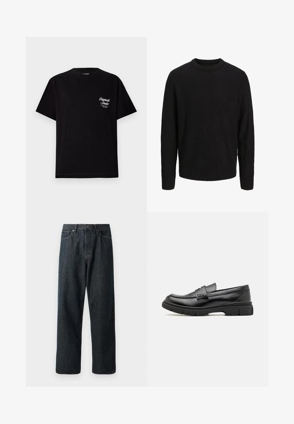 Sort langærmet strikket sweater med rund halsudskæring, ribstrikkede manchetter og kant, vist på en ensartet lys grå baggrund.; Sort kortærmet t-shirt lavet af bomuld. Har et lille hvidt logo på venstre brystområde. Rund halsudskæring, almindelig pasform.; Mørk denimjeans med lige bendesign, der har en traditionel fem-lommeopbygning og en metalknaplukning i taljen.; Sort læder loafersko med en bred rem over forfoden, gummisål med tykke mønstre og glat overflade. Klassisk, slankt design.