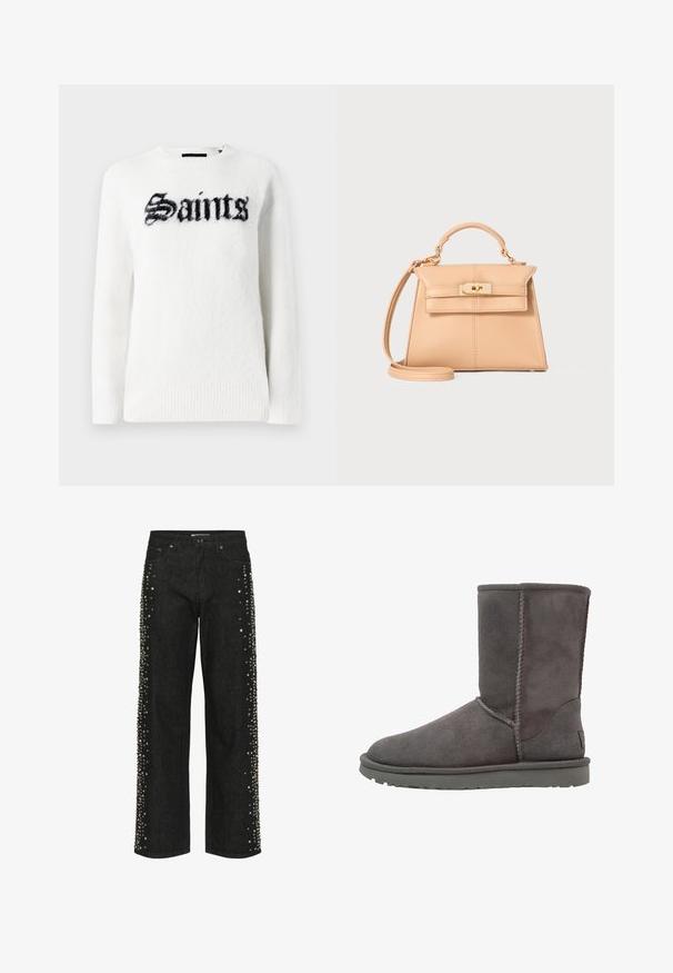 Hvid sweater i blød stof med en sort "Saints" grafik på forsiden. Rund hals, lange ærmer og ribbede detaljer i kanten.; Sorte denim jeans med lige ben, dekoreret med sølvnitter der tæt står langs ydre sømme fra talje til kant.; Grå ruskinds ankelstøvle med en rund tå, lodrette sømdetaljer og en flad gummisål. Har et enkelt, uudsmykket design.; Beige læderhåndtaske med en struktureret form, top håndtag, justerbar rem og detaljer med guldhardware. Glat tekstur, minimalistisk design.