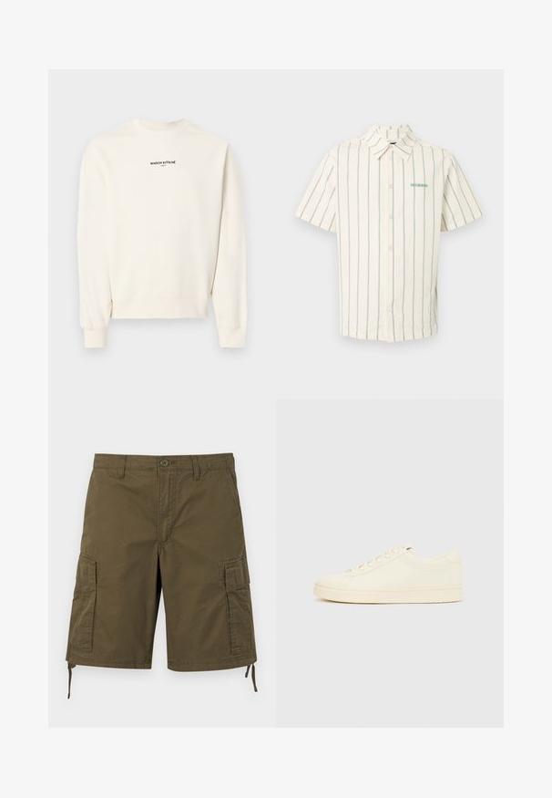 Sweat-shirt à manches longues et col ras-du-cou de couleur blanc cassé avec le texte "MAISON KITSUNÉ PARIS" imprimé en noir sur la poitrine.; Chemise blanche à manches courtes avec boutons, à fines rayures verticales noires et petit texte vert sur le haut gauche de la poitrine.; Short cargo kaki avec poches latérales à rabat, fermeture à boutons à l'avant, passants pour ceinture et cordons réglables à l'ourlet.; Baskets couleur crème avec une tige en cuir lisse, bout arrondi, laçage à l'avant et semelle en caoutchouc texturée. Design minimaliste, sans logo.