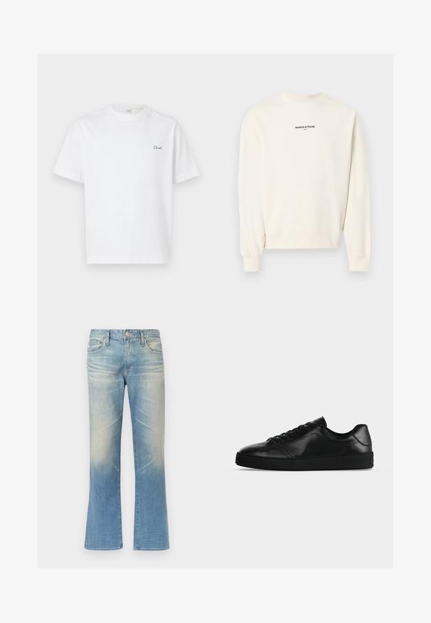 Sweat-shirt à manches longues et col ras-du-cou de couleur blanc cassé avec le texte "MAISON KITSUNÉ PARIS" imprimé en noir sur la poitrine.; T-shirt blanc en coton avec manches courtes et col ras du cou, arborant un petit logo texte noir "Cloud" brodé sur le côté gauche de la poitrine.; Jean évasé en denim bleu clair avec une finition délavée, design à cinq poches, fermeture par bouton en métal et ourlets droits.; Sneaker noir en cuir à profil bas avec lacets sur le devant et semelle plate texturée, montré de profil sur un fond neutre.