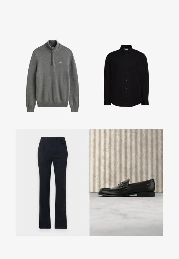Pull-over tricoté gris avec poignets et ourlet côtelés, col à fermeture éclair quart de tour et petit logo brodé sur la poitrine gauche.; Chemise noire à manches longues avec boutons, fabriquée en tissu lisse. Elle présente un col classique, une patte de boutonnage à l'avant, et un petit logo sur la poitrine.; Pantalons en coton bleu marine avec une coupe droite, dotés de deux poches avant, d'une fermeture à bouton et de détails de couture minimalistes.; Mocassin en cuir noir avec mors en métal doré et logo "HUGO", présenté sur un tapis beige et un meuble translucide marron.