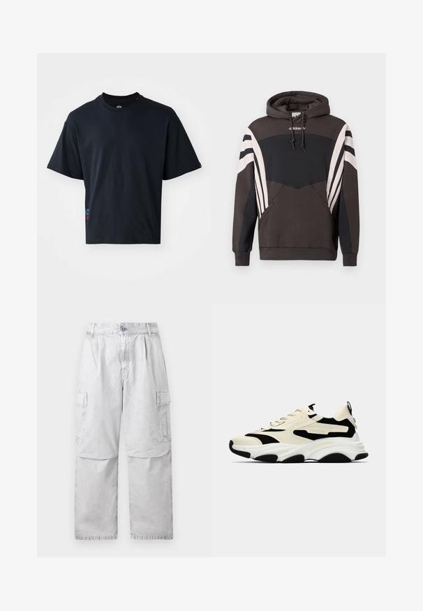 Dunkelgrauer und schwarzer Adidas-Hoodie mit weißen Streifen an den Ärmeln und auf der Fronttasche, ausgestattet mit einem Kapuzenzug und Logo auf der Brust.; Schwarzes Kurzarm-T-Shirt aus Baumwolle mit einem klassischen Rundhalsausschnitt und einem kleinen bunten Logodetail an der Seite.; Hellgraue Cargo-Hosen mit Knopf- und Reißverschluss, seitlichen Klappentaschen und geradem Bein.; Kluftige Turnschuhe mit cremefarbenem Obermaterial, schwarzen Akzenten und strukturierten Einsätzen. Verfügt über eine dicke weiße Sohle und eine schwarze Gummiaußensohle für Traktion.