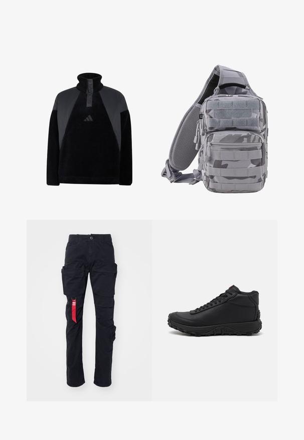 Sort fleece-pullover med høj krave, halv lynlås, teksturerede skulderpaneler og lille Adidas-logo på brystet.; Sorte cargo-bukser med flere sidelommer, bæltestrop og et rødt mærke på venstre side. Fremstillet af slidstærkt bomuldsstof.; Sorte høje sneakers lavet af struktureret læder, med en tyk gummisål med trækmønstre og snørefunktion. Rød detalje på tungen.; Brandit US COOPER EVERYDAYCARRY-SLING - Skuldertasker - blizzard camo