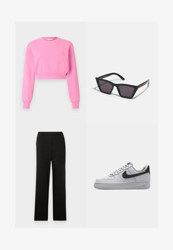 Sweatshirt rose court avec manches longues, col rond et poignets côtelés. Fabriqué à partir d'un mélange de coton doux avec une texture lisse.; Pantalon noir ajusté avec une coupe droite, présentant un devant plat, sans poches, et une texture de tissu lisse.; Sneaker en cuir blanc avec accents gris, bout rond, surface texturée, col rembourré et logo swoosh noir contrastant. Semelle avec coussin d'air.; Lunettes noires angulaires avec des verres gris ; fabriquées en plastique, avec des branches épaisses à la surface lisse et sans matériel visible.