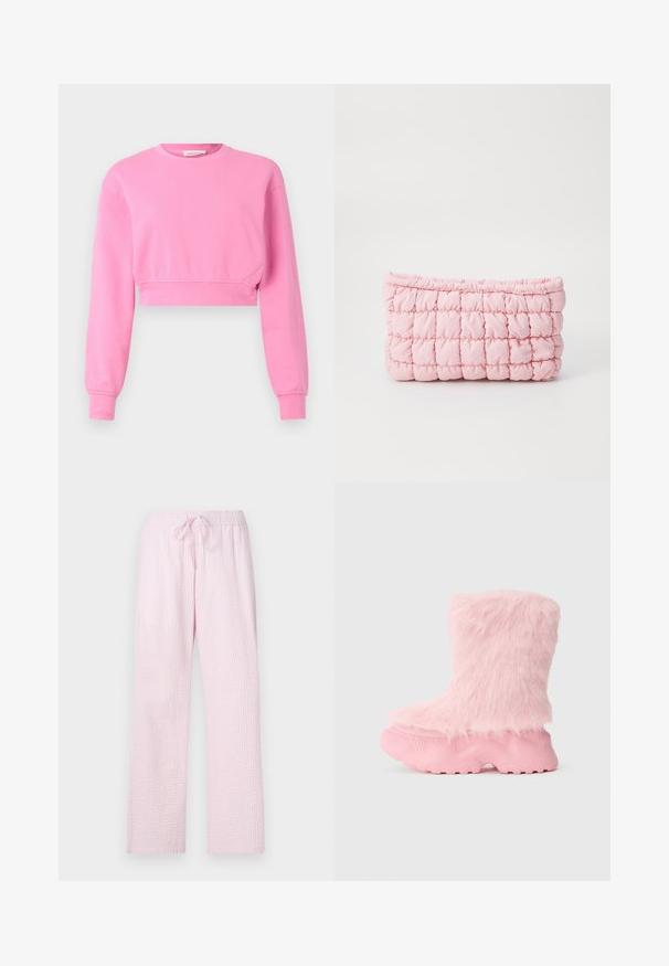 Rosa cropped sweatshirt med lange ærmer, rund halsudskæring og ribbede ærmer. Fremstillet af en blød bomuldsblanding med en glat overflade.; Lyserøde pyjamasbukser i et struktureret stof med en løs pasform, der har en elastisk talje og snøre til justering.; Kraftig pink støvle med tekstureret sål og blød, fluffy faux fur der dækker hele det øverste af støvlen.; Kviltet lyserød clutchtaske med en puffet tekstur, som har indsamlede kanter og en rektangulær form, perfekt til kompakt opbevaring.