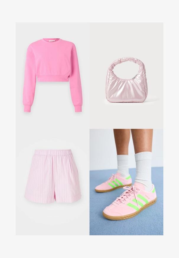 Roosa lühikeste varrukatega kapuutsiga sweatshirt, millel on pikad varrukad, ümar kaelus ja soonikkudega mansetid. Valmistatud pehmest puuvilla ja sünteetika segust, millel on sile tekstuur.; Kerged roosad lühikesed püksid valgete vertikaalsete triipudega, elastse vöökoha ja laia lõikega, valmistatud pehmest ja kergest kangast.; Roosa sametist spordijalatsid, millel on erksad rohelised triibud ja helepruunid kummitald. Omab tekstureeritud materiaali ja lapikud sidumisdetailid.; Roosa, polsterdatud käekott ümmarguse disainiga, valmistatud läikivast materjalist. Omab kogutud käepidet ja lukuga sulgemist, et tagada turvaline ligipääs.