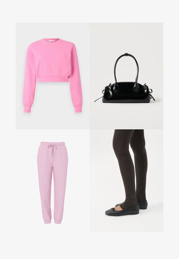 Roze cropped sweatshirt met lange mouwen, ronde halslijn en geribde manchetten. Gemaakt van een zachte katoenmix met een gladde textuur.; Lichtroze joggingsbroek met elastische tailleband, trekkoord, zijzakken en elastische boorden, afgebeeld op een witte achtergrond.; Benen met donkere geribbelde leggings gecombineerd met zwarte ballerina's met kleine strikdetails op een witte achtergrond.; Kleine zwarte glanzende handtas met twee lange hengsels en zijkant trekkoord details op een effen lichte achtergrond.