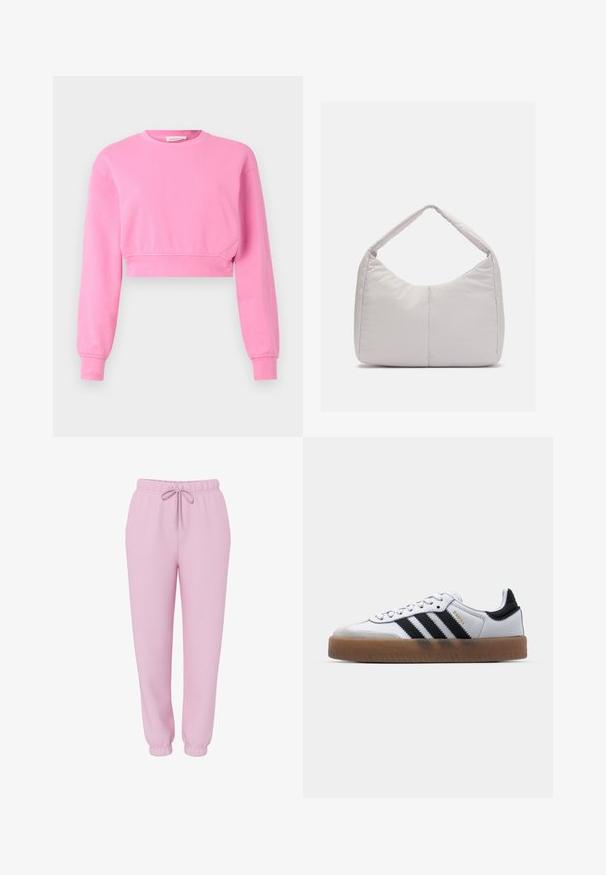 Sudadera corta rosa con mangas largas, escote redondo y puños acanalados. Confeccionada en una suave mezcla de algodón con una textura lisa.; Pantalones de chándal tipo jogger rosa claro con cinturilla elástica, cordón ajustable, bolsillos laterales y puños elásticos, mostrados sobre un fondo blanco.; Zapatillas de cuero blancas con rayas negras, suela de goma, puntera redonda, cierre de cordones y caperuza de ante gris suave.; Bolso de hombro acolchado en gris claro con forma curvada, que cuenta con un asa sencilla y una superficie lisa y texturizada. Diseño simple sin hardware adicional.