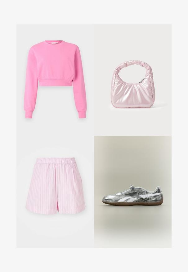 Rosa, verkürzter Sweatshirt mit langen Ärmeln, Rundhalsausschnitt und gerippten Bündchen. Hergestellt aus einem weichen Baumwollmix mit einer glatten Textur.; Hellrosa Shorts mit weißen vertikalen Streifen, verfügen über einen elastischen Bund und einen lockeren Schnitt, hergestellt aus weichem, leichtem Stoff.; Silberner metallischer Slip-On Sneaker mit weißen Seitenstreifen, einem einzelnen Klettverschlussriemen und brauner Gummisohle auf neutralem Hintergrund.; Rosa, gepolsterte Handtasche mit abgerundeter Form, aus glänzendem Material gefertigt. Verfügt über einen gerafften Griff und einen Reißverschluss für sicheren Zugang.