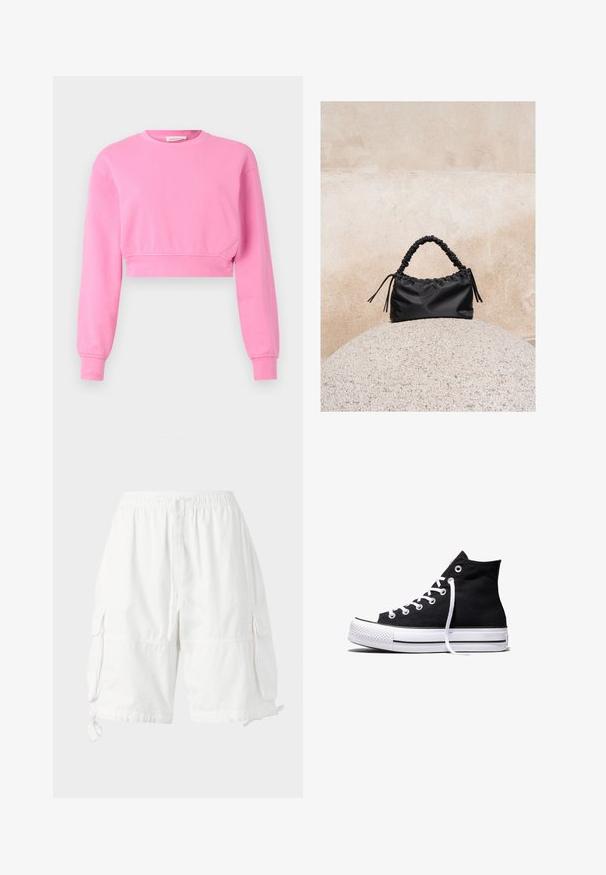 Sweatshirt rose court avec manches longues, col rond et poignets côtelés. Fabriqué à partir d'un mélange de coton doux avec une texture lisse.; Chino shorts blancs avec une taille élastique et un cordon de serrage, dotés de deux poches latérales et de liens ajustables à l'ourlet. Fabriqués en tissu léger.; Baskets montantes en toile noire avec semelle en caoutchouc blanche et lacets blancs, vues de côté sur un fond blanc.; Sac à main noir froncé avec une poignée froncée, posé sur une sphère en pierre texturée devant un mur en béton beige.