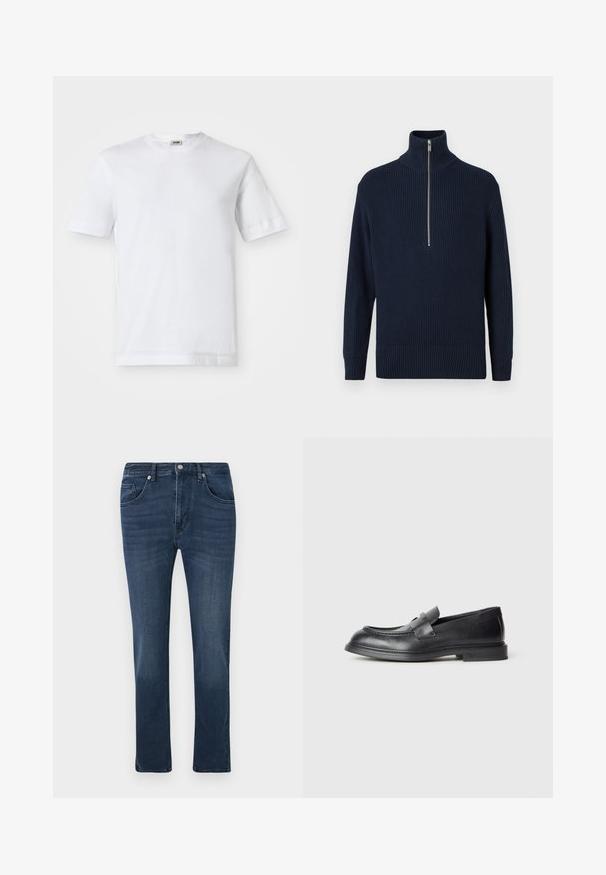 Suéter de punto acanalado azul marino con cuello alto y cierre de media cremallera. Presenta mangas largas y un dobladillo ajustado. Textura suave.; Camiseta de algodón blanca con mangas cortas, escote redondo y una textura suave. No se observan patrones ni detalles.; Jeans de mezclilla ajustados en azul oscuro con bolsillos frontales y para monedas, cierre de botón y un ligero desvanecimiento en los muslos.; Mocasines de cuero negro con acabado texturizado, que cuentan con una correa decorativa en la parte delantera y punta redondeada. Suela de goma para mayor durabilidad.
