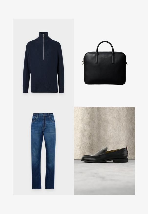 Marineblauwe geribbelde trui met hoge kraag en ritssluiting tot de helft. Voorzien van lange mouwen en een aansluitende hout. Glad textuur.; Blauwe rechte denim jeans met vijf zakken, riemlussen en knoopsluiting, weergegeven tegen een witte achtergrond.; Zwarte leren herenslipper met een krokodillen-embossed voorblad en een lage hak, zij-aanzicht op een neutrale achtergrond.; Zwarte gestructureerde leren aktetas met dubbele handvatten en zilveren ritstrekkers, gecentreerd op een witte achtergrond.