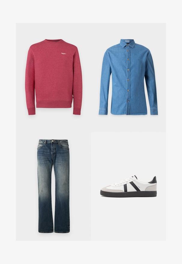 Rote Sweatshirt aus strukturiertem Stoff, mit Rundhalsausschnitt, gerippten Bündchen und Saum. Kleines weißes Logo auf der Brust.; Blaues Denim-Langarmhemd mit Kragen und braunen Knöpfen vorne, vor einem einfarbigen hellgrauen Hintergrund dargestellt.; Dunkelblaue weit geschnittene Jeans aus Denim. Mit verblassten Details, traditionellem Fünf-Taschen-Design und einem Metallknopfverschluss an der Taille.; Weiße Sneaker mit schwarz- und grau-aczenten, ausgestattet mit einer strukturierten grauen Zehenkappe, schwarzer Gummi-Sohle und flachen weißen Schnürsenkeln. Sauberes Design, minimalistische Stil.