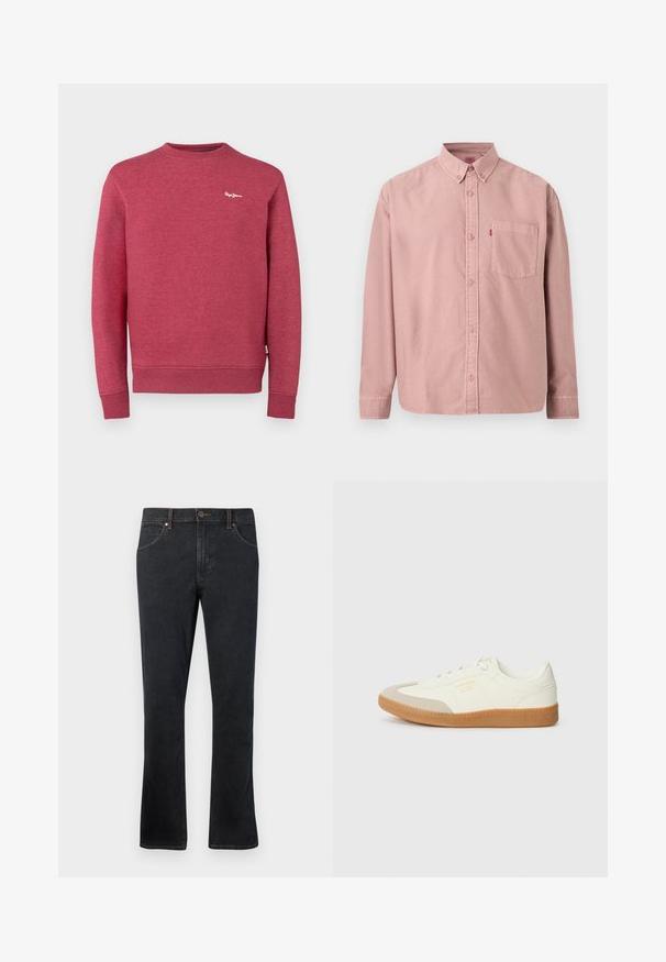 Sweatshirt rouge en tissu texturé, avec col rond, poignets et ourlet côtelés. Petit logo blanc sur la poitrine.; Chemise rose à manches longues avec boutons, poche avant et col boutonné, présentée sur un fond uni.; Jean en denim bleu foncé avec une coupe droite, comportant cinq poches, des coutures contrastées et un léger évasement au bas.; Baskets en cuir blanc avec une coque beige et une semelle en caoutchouc marron clair. Dotées de lacets blancs plats et d'un logo embossé sur le côté.