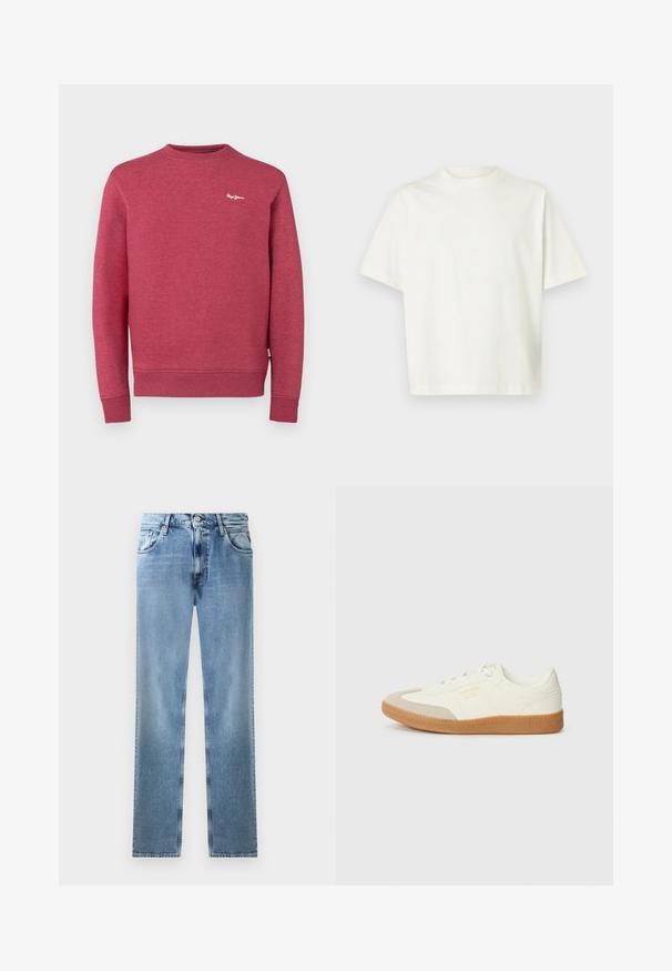 Rote Sweatshirt aus strukturiertem Stoff, mit Rundhalsausschnitt, gerippten Bündchen und Saum. Kleines weißes Logo auf der Brust.; Kurzärmeliges, schlichtes weißes T-Shirt mit lockerem Schnitt und rundem Ausschnitt, dargestellt vor einem hellgrauen Hintergrund.; Helle blaue Denim-Jeans mit geradem Bein, Taschen, Kupferriegeln und Knopfverschluss. Sie zeichnen sich durch ein verblasstes Design und einen sauberen Saum aus.; Sneaker aus weißem Leder mit einer beigen Zehenkappe und leichter brauner Gummisohle. Verfügt über flache weiße Schnürsenkel und geprägtes Branding an der Seite.