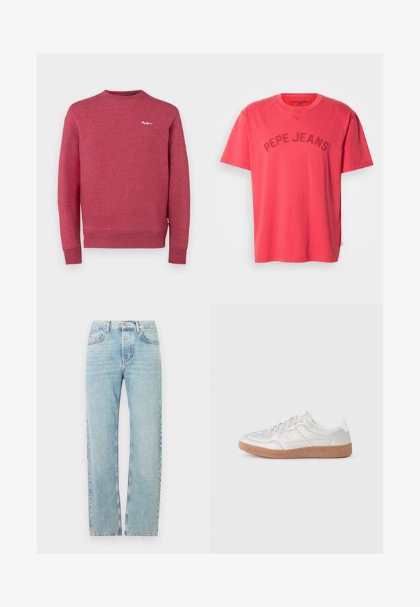 Rode sweatshirt van textiel met structuur, met een ronde hals, ribbels aan de mouwen en onderkant. Klein wit logo op de borst.; Koraalroze katoenen T-shirt met korte mouwen en een ronde hals. Voorzien van "PEPE JEANS" in donkere letters afgedrukt over de borst.; Lichtblauwe denim jeans met een rechte pijp, voorzien van een klassieke tailleband, vijf zakken en subtiele veroudering over de stof.; Zilveren sneakers met een gladde textuur, vetersluiting, geperforeerde accenten en een gestructureerde bruine rubberen zool.