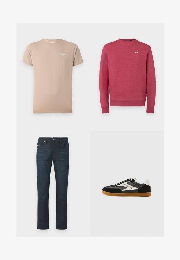Sweatshirt rouge en tissu texturé, avec col rond, poignets et ourlet côtelés. Petit logo blanc sur la poitrine.; T-shirt beige manches courtes à col rond avec petit logo blanc « Pepe Jeans » sur la partie haute gauche de la poitrine.; Jeans bleu foncé à jambes droites avec un léger effet délavé et des détails d'usure, fermeture frontale par boutons, passants pour ceinture, et cinq poches visibles.; Baskets basses noir et blanc en matériaux daim et cuir, avec une semelle en caoutchouc gomme et un détail logo "Karl Lagerfeld".