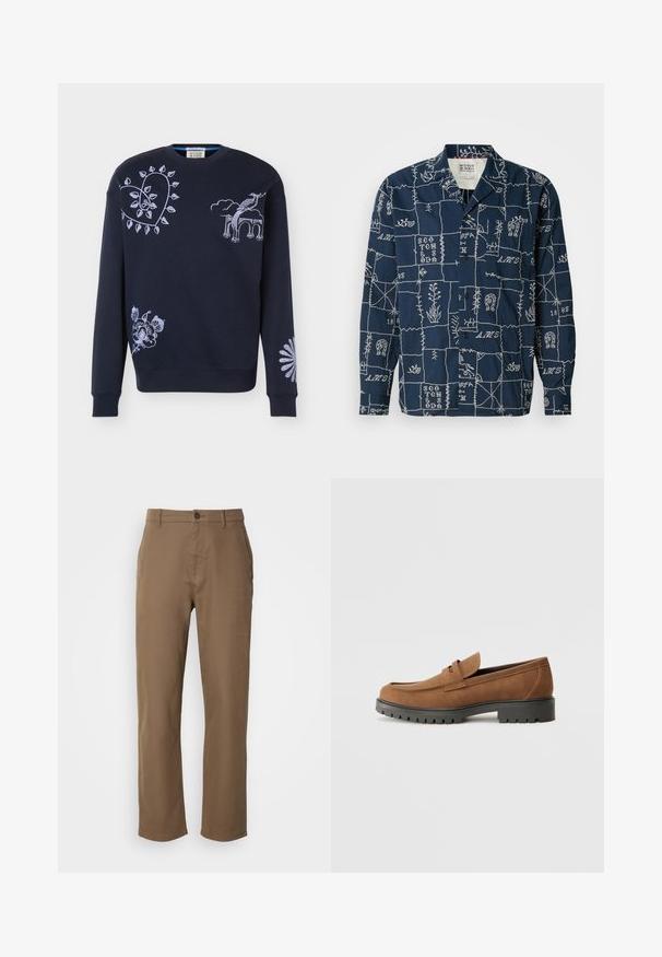Sudadera azul marino con diseños bordados en lavanda claro que incluyen una vid en forma de corazón, pájaro en un arco, motivo floral y margarita en la manga.; Camisa de manga larga azul marino con patrones geométricos bordados en blanco, que presenta un cuello con muesca y un cierre de botones en la parte delantera.; Pantalones de algodón marrones con corte recto, cierre de botón y bolsillos laterales. Presentan una textura suave y un diseño simple, sin adornos.; Mocasines de ante marrón con punta redondeada y una suela de goma negra baja, que presentan una correa decorativa y detalles de costura en la parte superior.
