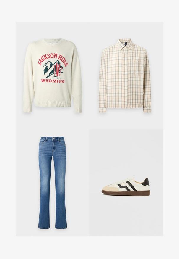 Lichte romige trui met een grove gebreide textuur. Heeft een grafisch ontwerp met "JACKSON HOLE" en "WYOMING" in het rood en groen. Ronde halslijn.; Beige geruite blouse met lange mouwen, knoopsluiting aan de voorkant, een borstzak en een klassieke kraag, weergegeven tegen een effen achtergrond.; ONLY ONLWAUW MID WAIST - Slim fit jeans - medium blue denim; Witte lederen sneaker met zwarte strepen en een lichtbruine suède neuskap. Rubberzool in donkerbruin. Veters en een gewatteerde kraag maken het ontwerp compleet.