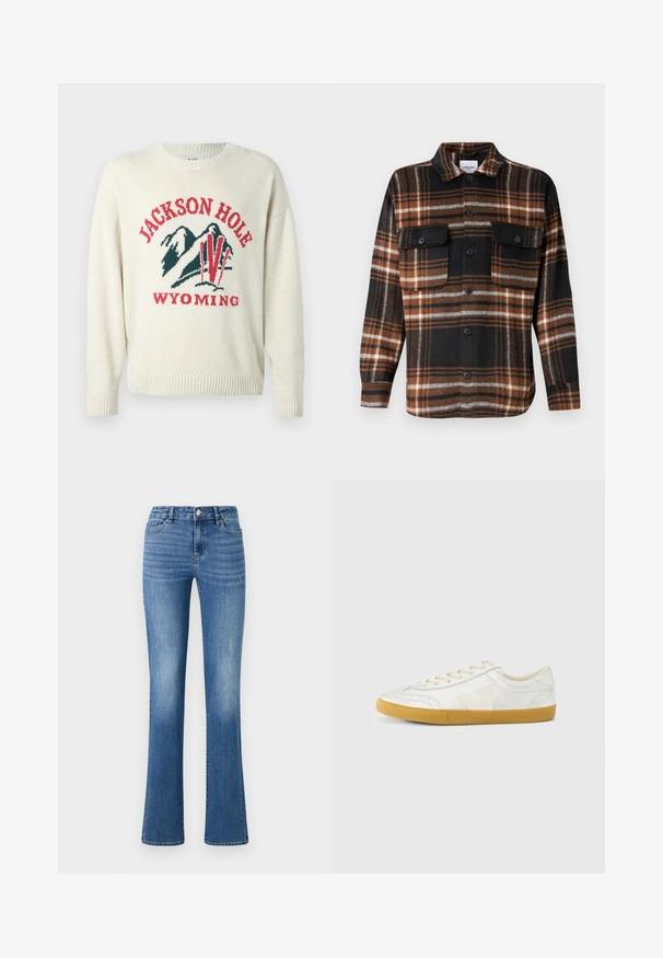 Pull léger en crème avec une texture en maille épaisse. Présente un design graphique avec "JACKSON HOLE" et "WYOMING" en rouge et vert. Encolure arrondie.; Jack & Jones Over Relaxed Fit - Chemise - monks robe; ONLY ONLWAUW MID WAIST - Jean slim - medium blue denim; Baskets en cuir blanc à texture lisse, avec un logo "V" beige, un bout rond, un design à lacets et une semelle en caoutchouc gomme.