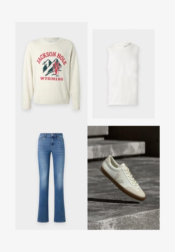 Helle Cremefarbenes Sweatshirt mit grober Strickstruktur. Besitzt ein grafisches Design mit "JACKSON HOLE" und "WYOMING" in Rot und Grün. Runde Halslinie.; Weißes ärmelloses Tanktop mit rundem Ausschnitt und kleinem GAP-Logo an der Innenseite des hinteren Kragens, flach auf hellem Hintergrund liegend.; ONLY ONLWAUW MID WAIST - Jeans Slim Fit - medium blue denim; Weiße Leder-Sneaker mit beige-gummiartiger Sohle, flachen Schnürsenkeln und V-förmigem Akzent an der Seite. Verfügt über eine glatte Oberfläche und minimale Nahtdetails.