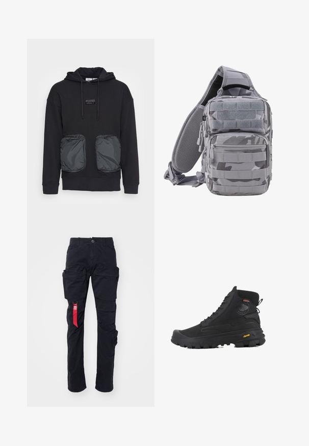 Sudadera negra con capucha y corte holgado, con dos grandes bolsillos delanteros con cremallera en un material brillante. Pequeño parche con el logo encima de los bolsillos.; Pantalones cargo negros con múltiples bolsillos laterales, un pasador para cinturón y una etiqueta de tela roja en el lado izquierdo. Hechos de un material de algodón duradero.; Botas altas negras con superficie texturizada, que cuentan con un diseño impermeable, sistema de cordones y una suela de goma prominente con la marca Vibram.; Brandit US COOPER EVERYDAYCARRY-SLING - Bandolera - blizzard camo