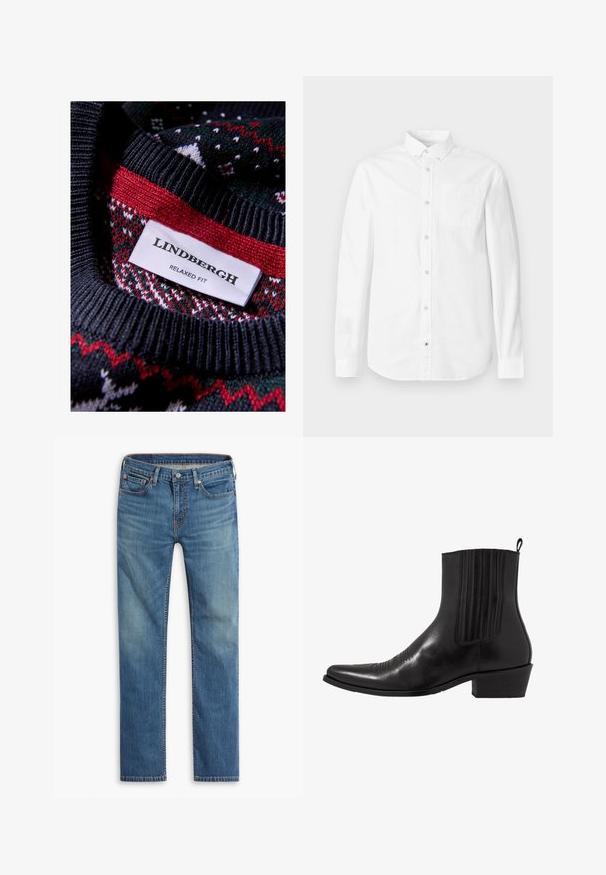 Schwarzer Strickpullover mit einem texturierten Muster und roten sowie grünen Akzenten. Das Etikett trägt die Aufschrift "LINDBERGH RELAXED FIT."; Weißes Langarmhemd aus Baumwolle. Verfügt über einen Button-Down-Kragen, eine Brusttasche und eine dezente Textur. Gerade Saumlinie mit Knopfverschlüssen.; Blaue gerade geschnittene Jeans mit Knopf- und Reißverschluss vorne, Fünf-Taschen-Design und dezenten Ausbleichungen an Oberschenkeln und Knien.; Schwarze Leder- ankle boot mit spitzem Zehenbereich, elastischen Seitenpaneelen, vertikalen Steppnähten und einem niedrigen Blockabsatz.