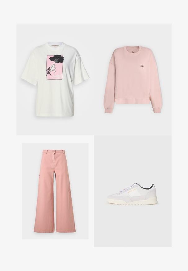 Sweat-shirt rose clair col rond avec poignets et ourlet côtelés, petit logo noir "lala Berlin" sur la poitrine gauche.; T-shirt blanc à manches courtes en coton, avec un motif graphique noir et blanc sur fond rose et le texte « Barbour » en bas.; Pantalon taille haute à jambes larges de couleur rose pâle, avec fermeture à bouton et zip à l'avant, passants pour ceinture et poches latérales.; Paul Smith DOVER - Baskets basses - white