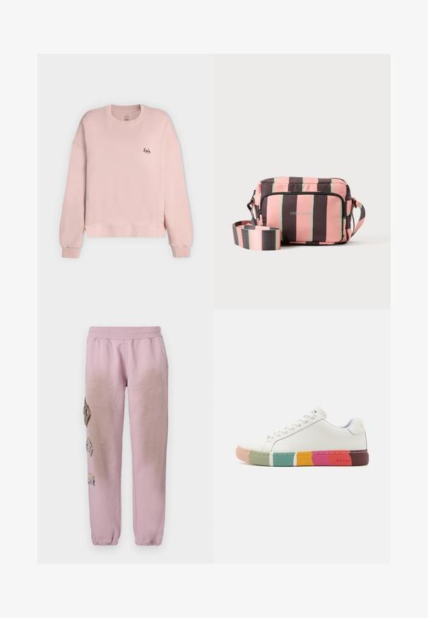 Hellrosa Sweatshirt mit Rundhalsausschnitt, gerippten Bündchen und Saum, kleines schwarzes "lala Berlin"-Logo auf der linken Brust.; Rosa Sweatpants mit elastischem Bund, verziert mit dekorativen Patches in Diamantform auf der linken Seite und elastischen Bündchen an den Knöcheln.; Paul Smith LAPIN SWIRL SOLE - Sneaker low - white; Kleine rechteckige Umhängetasche mit breitem, verstellbarem Riemen, mit vertikalen Streifen in Pink, Braun und dünnen grünen Linien.