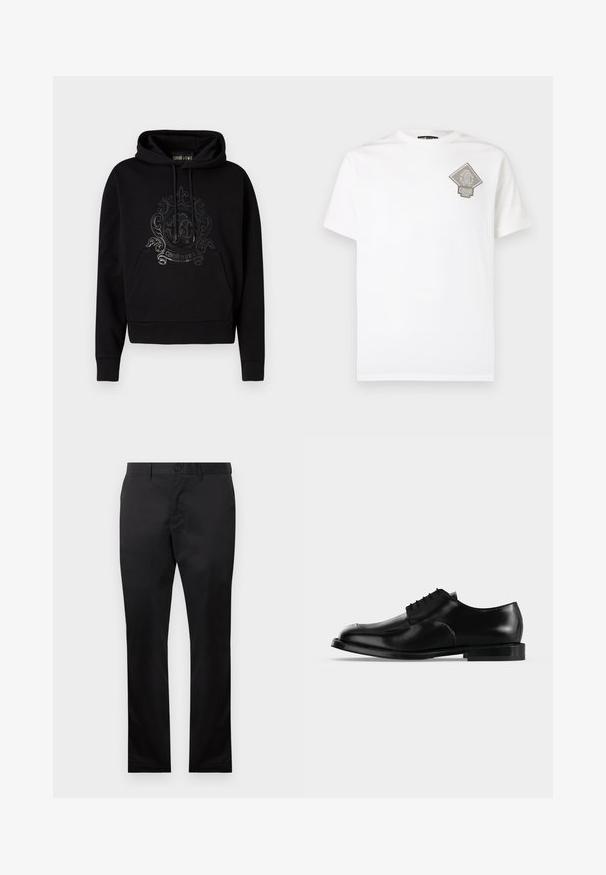 Schwarzer Kapuzenpullover mit einer Fronttasche, Kordelzügen und einem glänzenden, kunstvollen Logodesign auf der Brust. Weiche Stoffstruktur.; Weißes Baumwoll-T-Shirt mit einem grauen, diamantförmigen Logo auf der linken Brust. Kurze Ärmel, Rundhalsausschnitt und normale Passform.; Schwarze Baumwollhosen mit geradem Bein, ausgestattet mit einem vorderen Knopfverschluss und seitlichen Taschen, glatte Textur, keine sichtbaren Muster.; Schwarzer Herrenschuh aus Leder mit Schnürung, glatter Oberfläche und niedrigem Absatz, seitlich auf hellem, einfarbigem Hintergrund dargestellt.