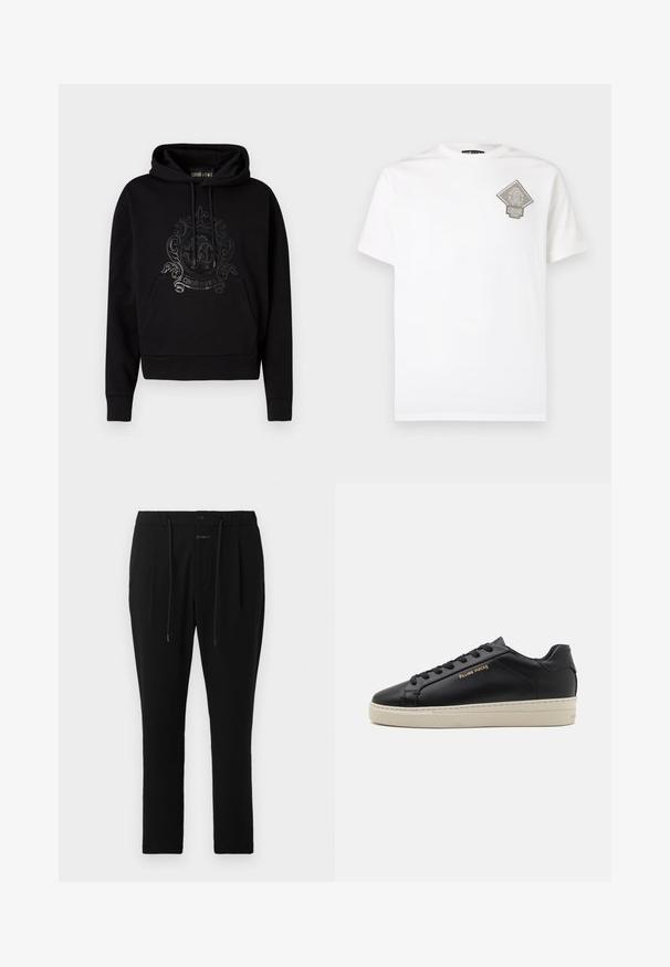 Sort hættetrøje med en forlomme, snore og et glinsende, detaljeret logo på brystet. Blød stoftekstur.; Hvid bomuld t-shirt med en diamantformet grå logo på venstre bryst. Korte ærmer, rund halsudskæring og standard pasform.; CLOSED VIGO TAPERED - Chino - dark night; Sorte lædersneakers med en glat finish, kontrasterende cremefarvet sål, rund tå, guld logo på siden og seks huller til snørebånd.