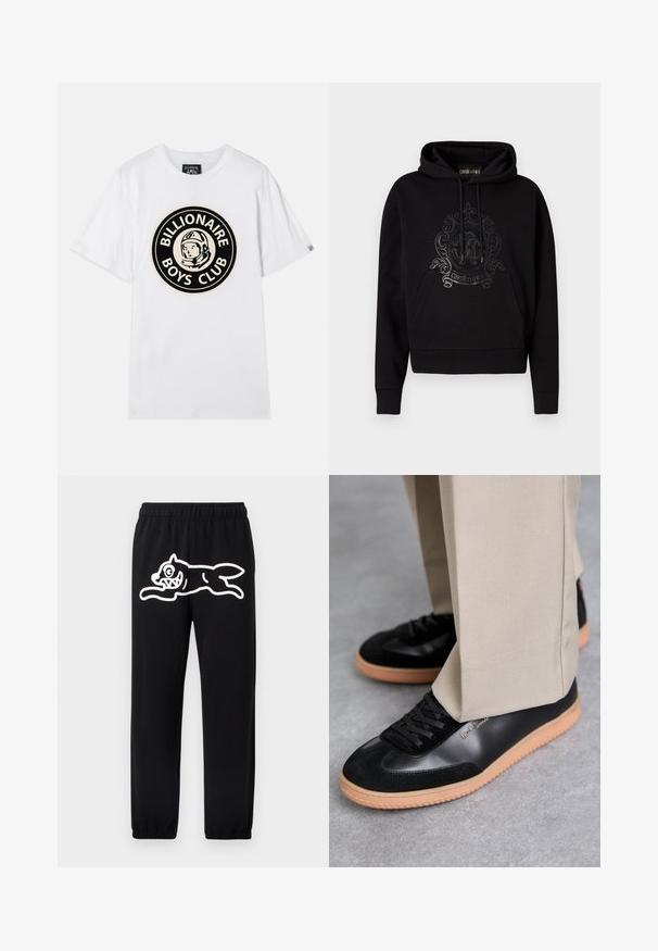 Sudadera negra con capucha que presenta un bolsillo frontal, cordones ajustables y un diseño de logo ornamentado y brillante en el pecho. Textura de tela suave.; Camiseta de algodón blanca con un gráfico circular negro y dorado de un astronauta y el texto "BILLIONAIRE BOYS CLUB". Mangas cortas, cuello redondo.; Pantalones deportivos negros con cintura elástica, que presentan un gran diseño blanco de estilo cartoon de una criatura saltando en la pierna izquierda.; Paul Smith COMO - Zapatillas - black