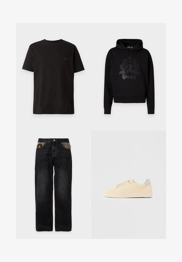 Schwarzer Kapuzenpullover mit einer Fronttasche, Kordelzügen und einem glänzenden, kunstvollen Logodesign auf der Brust. Weiche Stoffstruktur.; Schwarzes T-Shirt mit kurzen Ärmeln aus Baumwolle. Hat einen Rundhalsausschnitt und dezente Markenlogo auf der linken Brustseite. Glatte Textur.; Schwarze Denim-Jeans mit geraden Beinen, mit Leopardenmuster-Stoff auf den Vorderentaschen und einer kleinen goldenen Dollarzeichen-Stickerei auf der rechten Tasche.; Beiger Sneaker in niedrigem Design mit Schnürverschluss vorne, hellrosa Sohle und grauem Fersenlasche mit der Marke "Filling Pieces", seitlich auf neutralem Hintergrund gezeigt.