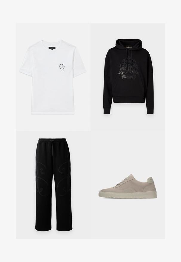 Sweat à capuche noir avec poche avant, cordons de serrage et un logo décoratif brillant sur la poitrine. Texture de tissu doux.; T-shirt en coton blanc avec un col rond et des manches courtes. Un petit graphique noir d'un smiley avec des yeux en 'x' sur le côté gauche de la poitrine.; Pantalons de jogging noirs avec une coupe décontractée, présentant des motifs de couture tourbillonnants complexes sur les côtés et une ceinture élastique avec cordon de serrage.; Baskets en daim beige avec une finition texturée, un bout arrondi et des lacets ton sur ton. Elles présentent une semelle en caoutchouc épaisse et un branding discret sur le talon.