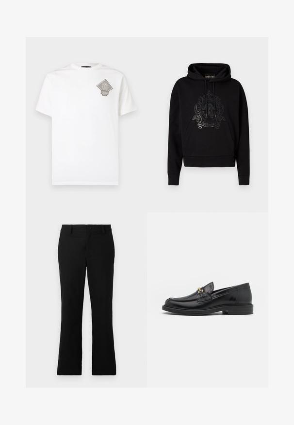Sweat à capuche noir avec poche avant, cordons de serrage et un logo décoratif brillant sur la poitrine. Texture de tissu doux.; T-shirt en coton blanc avec un logo gris en forme de losange sur la poitrine gauche. Manches courtes, col rond et coupe standard.; Pantalons évasés noirs en tissu mélangé coton, dotés d'une fermeture à bouton, de passants de ceinture et d'une texture lisse sans motifs visibles.; Mocassins en cuir noir avec un embout rond, présentant des accents en métal doré et des détails de couture, montés sur une semelle en caoutchouc texturé et basse.
