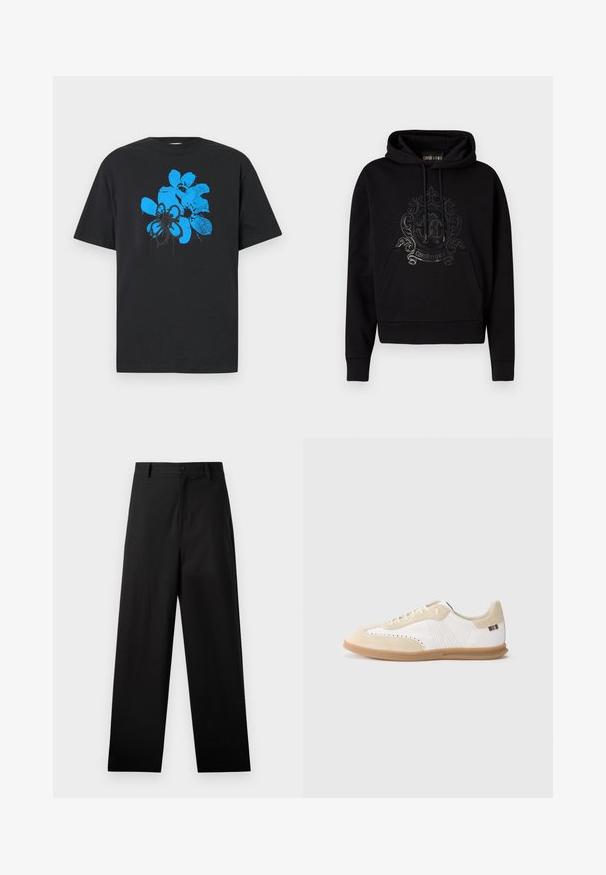 Sweat à capuche noir avec poche avant, cordons de serrage et un logo décoratif brillant sur la poitrine. Texture de tissu doux.; T-shirt en coton noir avec un grand motif abstrait de fleurs bleues avec des accents noirs, manches courtes et col rond.; Pantalons noirs en coton avec une coupe droite, dotés d'une fermeture à bouton à l'avant et de poches latérales. Texture lisse, sans motifs.; Baskets blanches avec accents en daim beige clair, détails perforés, lacets plats et semelle en caoutchouc naturel. Présentent un logo rayé sur le talon.