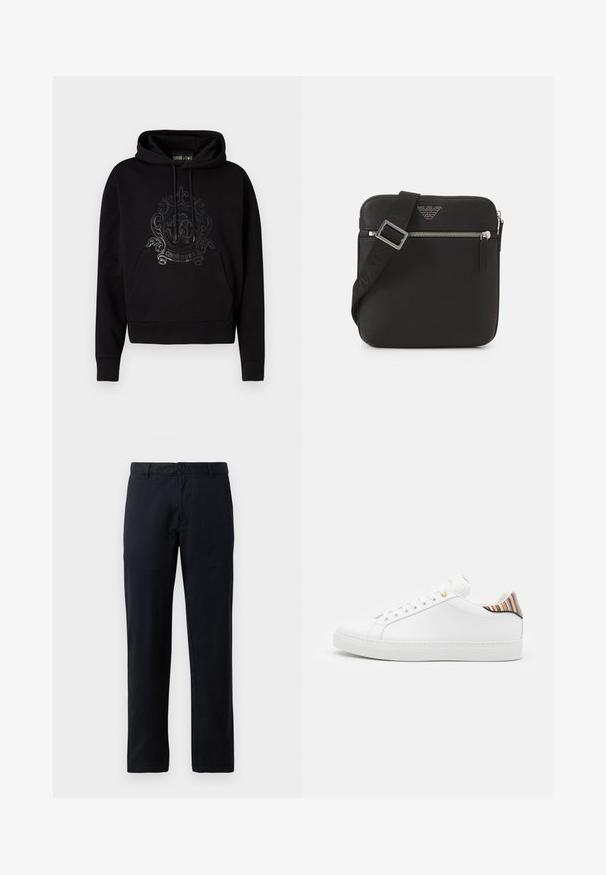 Sweat à capuche noir avec poche avant, cordons de serrage et un logo décoratif brillant sur la poitrine. Texture de tissu doux.; Pantalon noir à jambes droites en tissu lisse. Présente une fermeture à bouton unique et des passants de ceinture, sans motifs ni accents visibles.; Baskets en cuir blanc avec une finition lisse, présentant un accent rayé coloré au niveau du talon, des œillets dorés et une semelle blanche plate.; Sac bandoulière noir en tissu texturé. Comprend un compartiment principal zippé, une sangle ajustable et un logo en relief à l'avant.