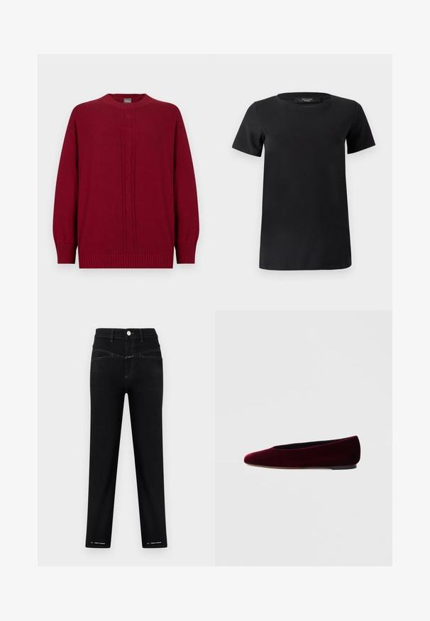 Pull à manches longues rouge foncé avec col rond, motif torsadé au centre devant, et poignets et ourlet côtelés.; T-shirt noir à manches courtes en tissu de coton doux, doté d'un col rond et d'un design simple et classique sans ornements.; Pantalon noir taille haute à jambes droites avec fermeture par bouton, poches avant, surpiqûres contrastantes et petit texte blanc « Pedal Pusher » à l'ourlet.; Ballerines en velours bordeaux avec un bout arrondi et un talon bas, présentant une texture lisse et un design élégant.
