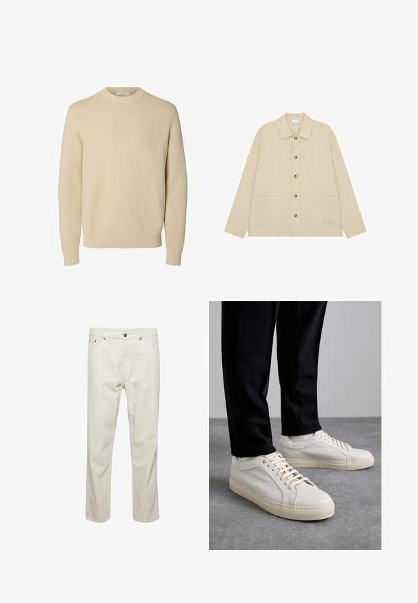 Pull tricoté beige uni à col rond, manches longues avec poignets et bas côtelés.; Veste beige à manches longues, boutonnée, avec col et deux poches plaquées sur le devant, boutons marron et texture subtile.; Pantalons en coton beige avec une coupe droite, cinq poches, fermeture à bouton et détails de couture subtils. Texture uniforme sans motifs visibles.; Baskets en cuir beige clair avec des lacets plats, une surface texturée et une semelle en caoutchouc crème contrastante, associées à un pantalon noir fuselé.