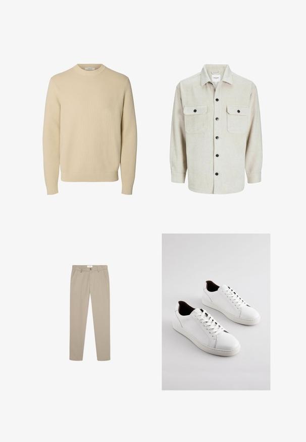 Enkel beige crewneck striktrøje med lange ærmer og ribstrikkede manchetter og kant.; Beige flannel skjorte med krave, der har to brystlommer, sorte knapper og lange ærmer med knapmanchetter.; Beige skræddersyede bukser lavet af et glat stof. Har forlommer, en knaplukning og et slankt, lige ben-design.; Hvide lædersneakers med lav profil, perforerede sider, flade snørebånd og en kontrasterende brun indvendig foring. Gummisål med tekstureret mønster.