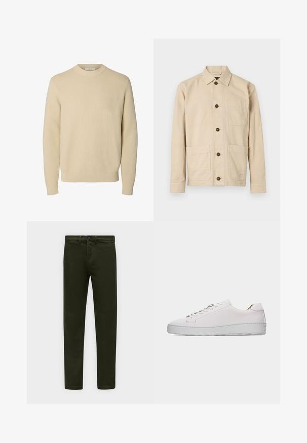 Pull tricoté beige uni à col rond, manches longues avec poignets et bas côtelés.; Veste de travail beige clair, tissu en coton, devant boutonné, col pointu, deux poches poitrine, deux poches basses, boutons marron, détails cousus.; Pantalon slim vert foncé avec fermeture par bouton et zip, passants de ceinture et poches avant, présenté sur un fond clair uni.; Baskets basses en cuir blanc avec lacets blancs, semelle en caoutchouc plate texturée et coutures minimalistes, vues de côté extérieur sur fond blanc.