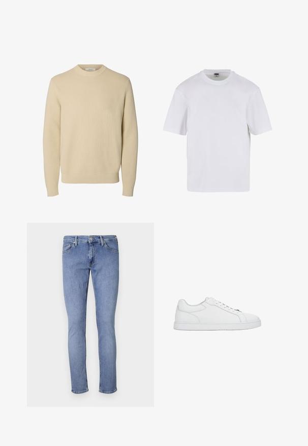 Effen beige ronde hals gebreide trui met lange mouwen en geribde boorden en zoom.; Witte kraagloze t-shirt met korte mouwen, gemaakt van katoen. Heeft een ronde halslijn en een losse pasvorm. Soepele textuur, minimalistisch ontwerp, geen patronen of accenten.; Lichtblauwe denimjeans met een slim fit. Beschikt over vijf zakken, een sluiting met een voorste knoop en minimale stikdetails. Gladde textuur.; Witte lage leren sneaker met witte veters, gestikte details en een platte rubberen zool, vanaf de zijkant getoond op een effen achtergrond.